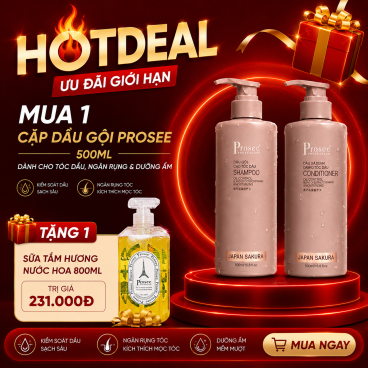Tặng ngay 1 chai sữa tắm Prosee 800ml Vàng khi mua 1 Cặp dầu gội xả Prosee PS2/PC2 Sakura Moisturizing 500ml – Dành cho tóc dầu, ngăn rụng & dưỡng ẩm