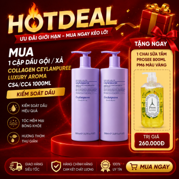 Tặng 1 Sữa tắm Prosee PM6 hương nước hoa 800ml màu vàng khi Mua 1 Cặp Dầu Gội/ Xả Cao Cấp Collagen Ceylanpuree Luxury Aroma CS4/CC4 1000ml – Kiểm Soát Dầu