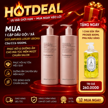 Tặng 1 Sữa tắm Prosee PM6 hương nước hoa 800ml màu vàng  khi Mua 1 Cặp Dầu Gội/Xả Ceylanpuree Luxury Aroma 1000ml CS6/CC6 – Phục Hồi & Dưỡng Ẩm Cho Mái Tóc Mềm Mượt Chuẩn Salon