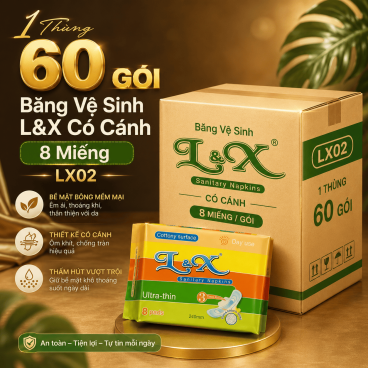 [1 thùng 60 gói]  Băng Vệ Sinh L&X Có Cánh 8 Miếng LX02