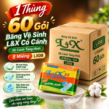[1 thùng 60 gói]  Băng Vệ Sinh LX08 - 36 Cánh Tàng Hình 8 Miếng