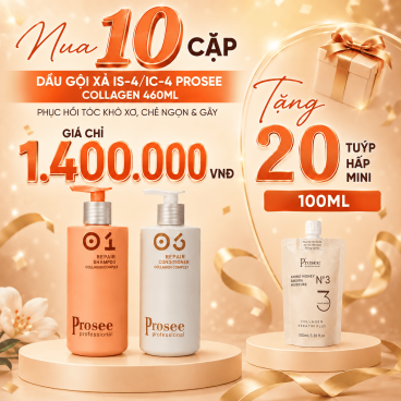 Tặng 20 tuýp hấp nhỏ Combo 10 Cặp Dầu Gội Xả IS-4/IC-4 Prosee Collagen 460ml – Phục Hồi Tóc Khô Xơ, Chẻ Ngọn & Gãy Rụng
